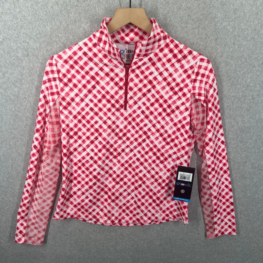 IBKÜL Long Sleeve Zip Mock Neck Women Size S Red Gingham Check UPF 50+ NWT